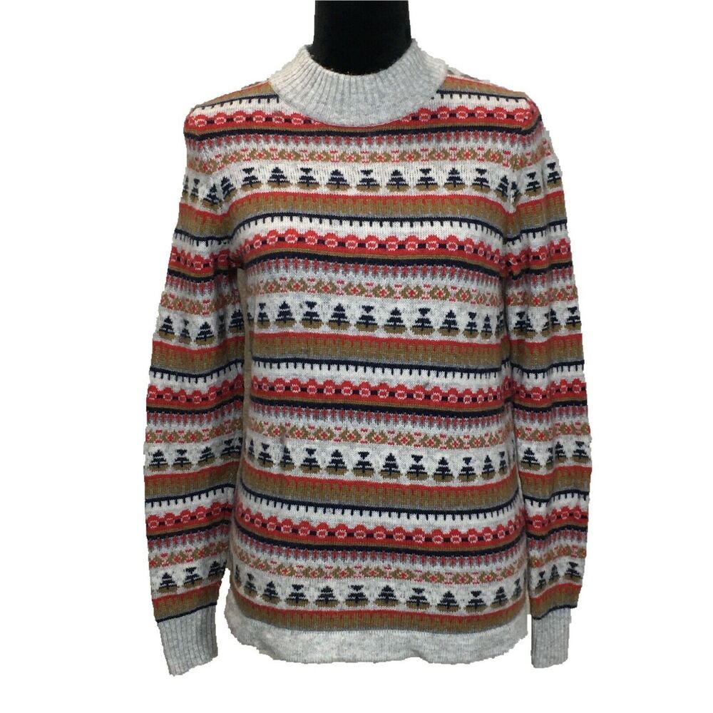 J.Crew Sweater SMALL Gray Red Brown Fair Isle Stripe Soft Lambswool Bl Mock Neck